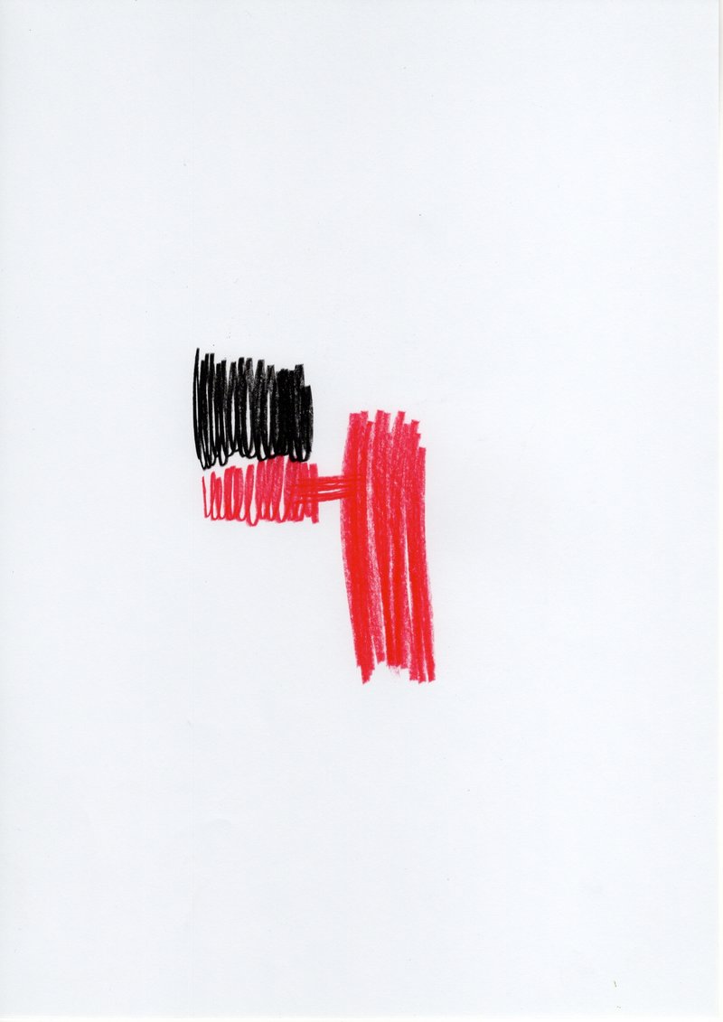 Abstract sketch depicting intersecting forms in black and red marker strokes