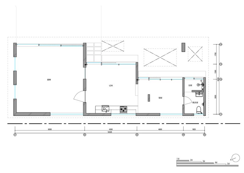 Floor plan drawing showing three linked rectangular volumes with central living space and courtyard openings