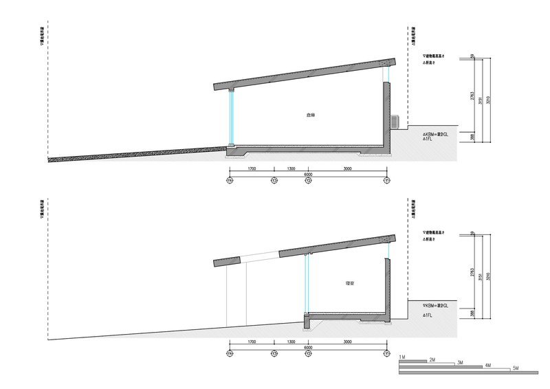 Section drawings illustrating the sloping roof structure and interior spatial relationships across two variations