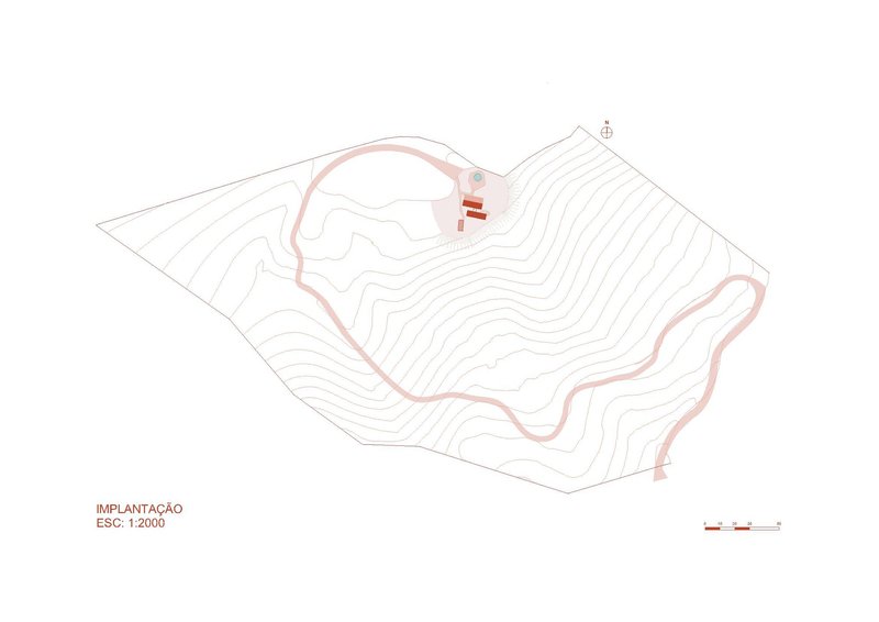 Site plan drawing showing the building footprint with topographic contour lines across the sloped terrain