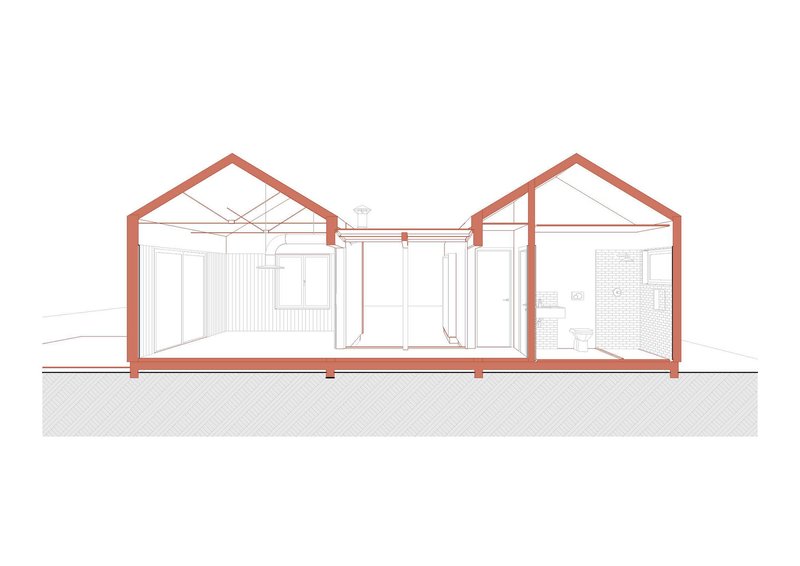 Section drawing revealing two gabled volumes joined by a flat-roofed link with interior room configurations