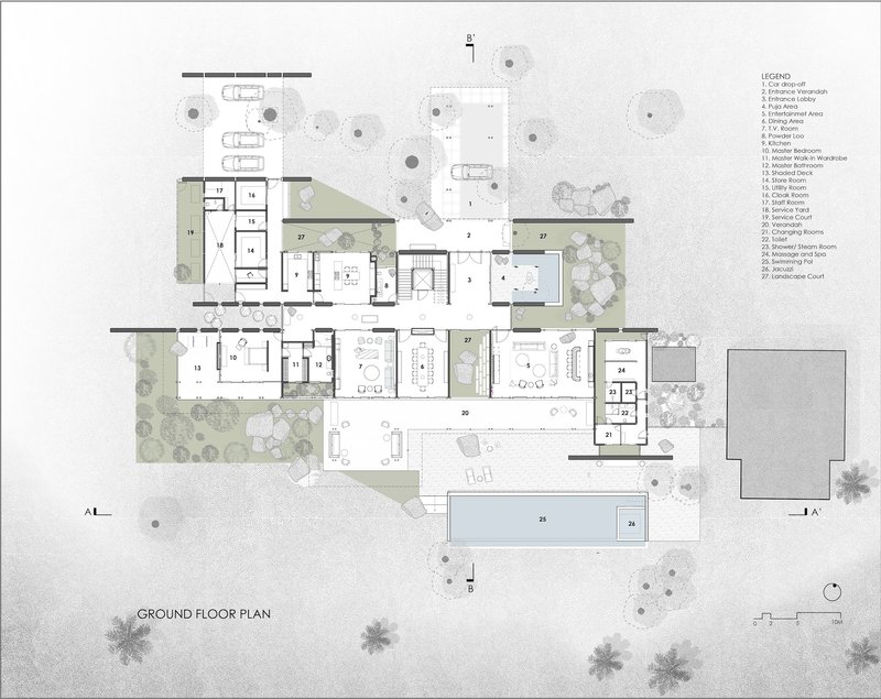 Ground floor plan drawing showing wing arrangement around courtyards with numbered rooms and landscaping elements