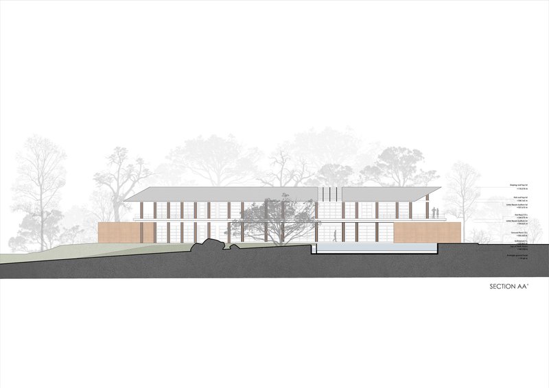 Section drawing showing two-storey volumes with vertical window elements set among trees