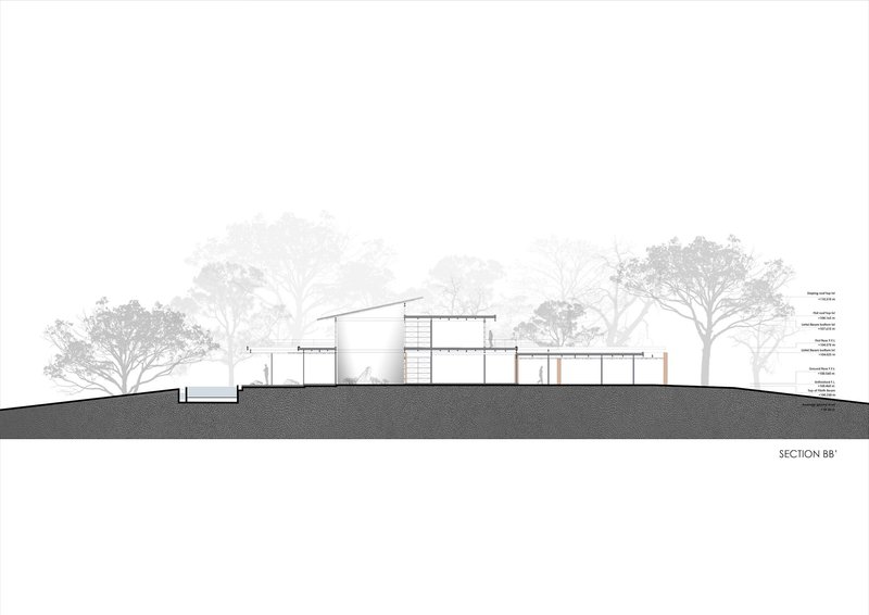 Section drawing revealing interior spatial divisions and roof forms with surrounding landscape