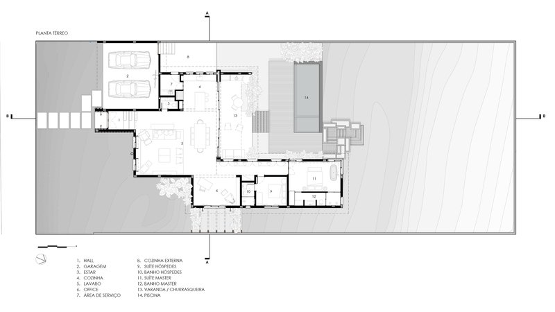 Ground floor plan drawing showing garage, living areas and pool with surrounding landscaping