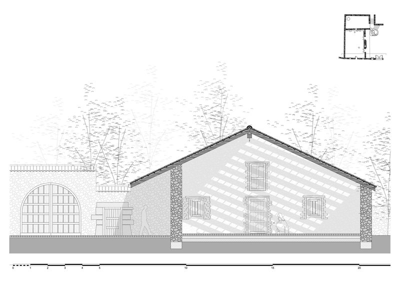 Elevation drawing showing a gabled volume with arched entrance and terrace set among trees