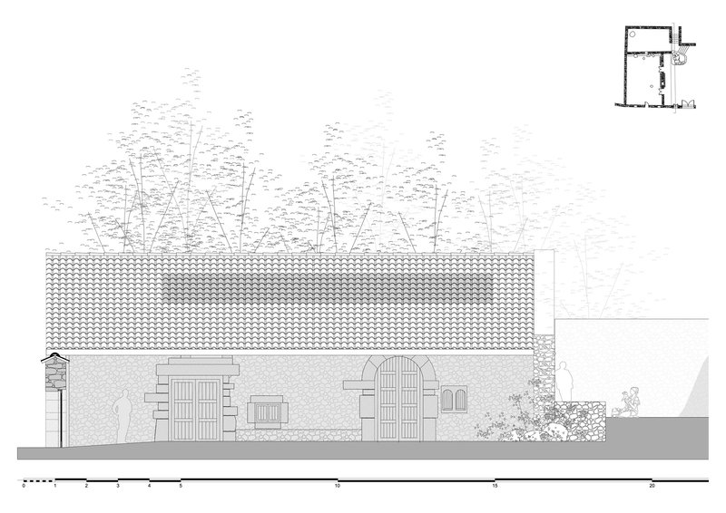 Elevation drawing showing the tiled roof volume with arched doorway and adjacent planted area