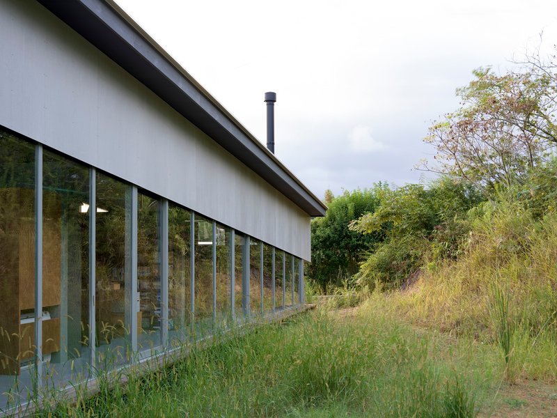 Long glazed wall with narrow vertical framing set into a sloping meadow under overcast skies