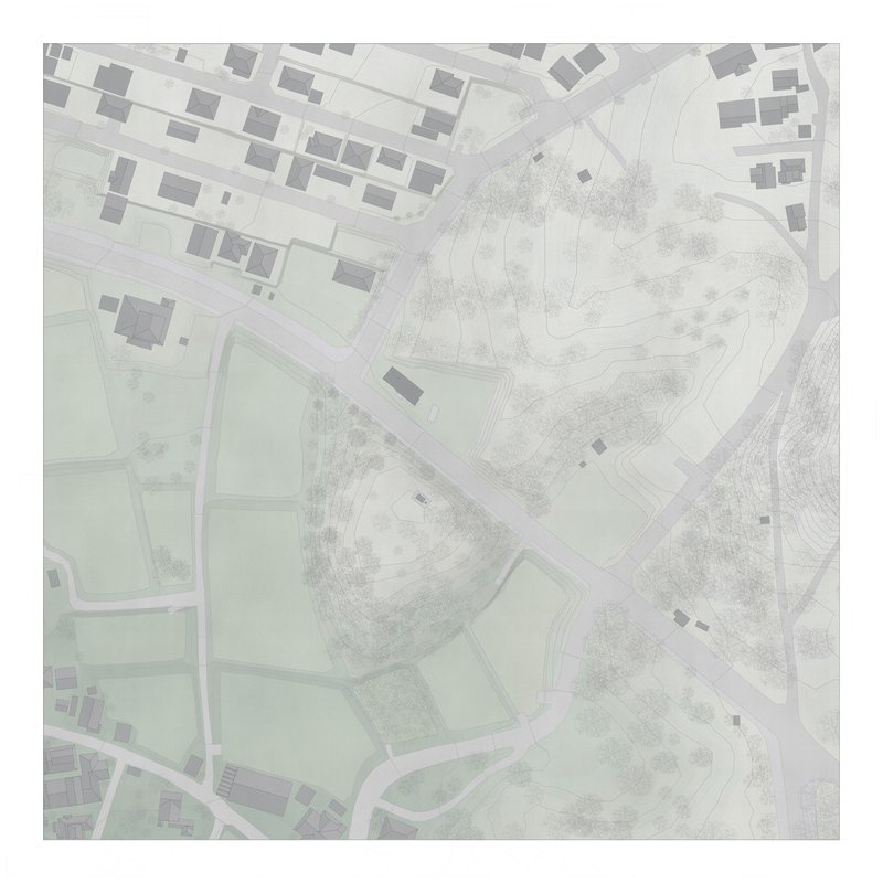 Site plan drawing showing a curved landscape with scattered trees between residential blocks and open fields
