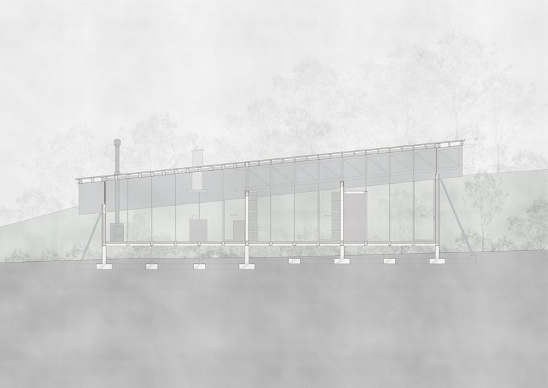 Section drawing showing a single-story building with exposed structural frame and glazed walls among trees