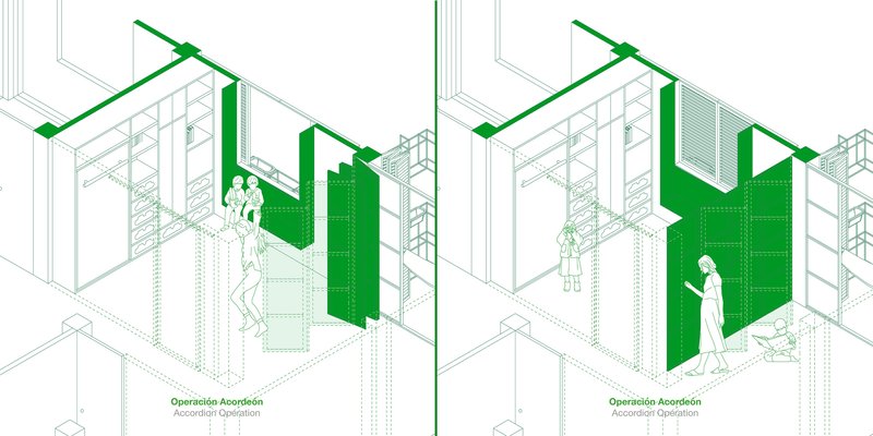 Isometric drawing showing accordion-style sliding green panels with figures operating the movable partitions