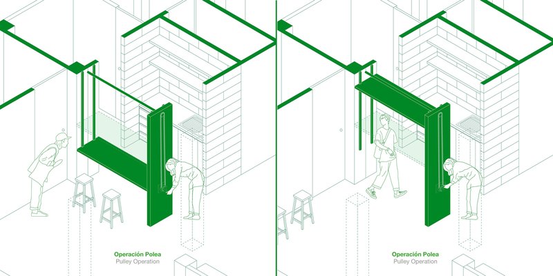 Isometric drawing illustrating pulley-operated green door panels that fold upward into the ceiling structure
