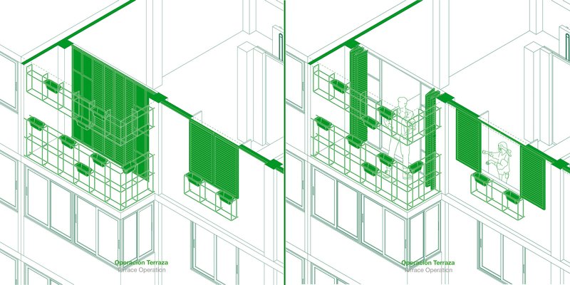 Isometric drawing depicting terrace-mounted green sliding screens in various open and closed configurations