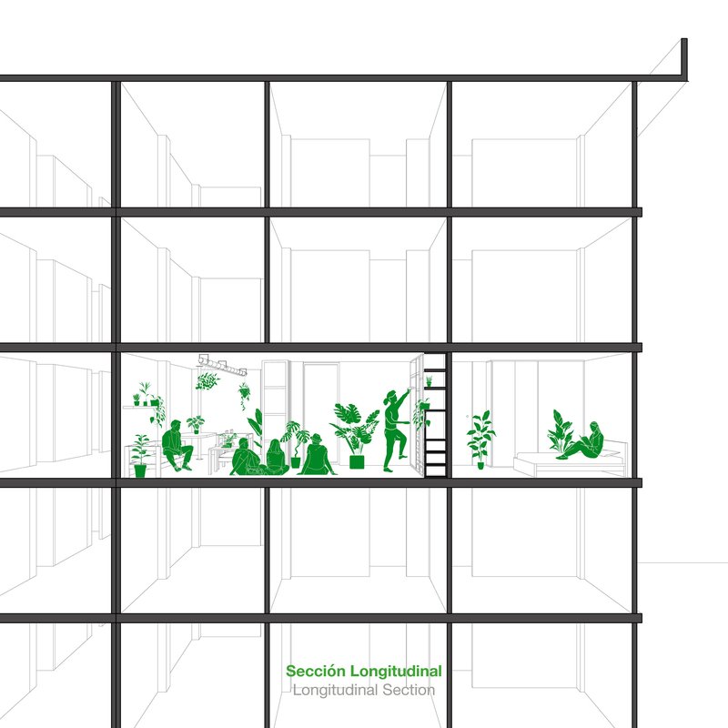 Longitudinal section drawing of a multi-story structure with one inhabited floor featuring potted plants and seated figures