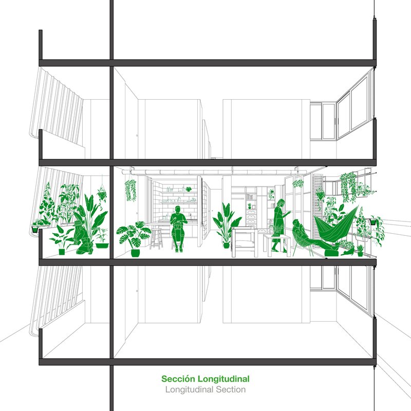 Longitudinal section drawing showing a living level filled with hanging and potted greenery between vacant floors