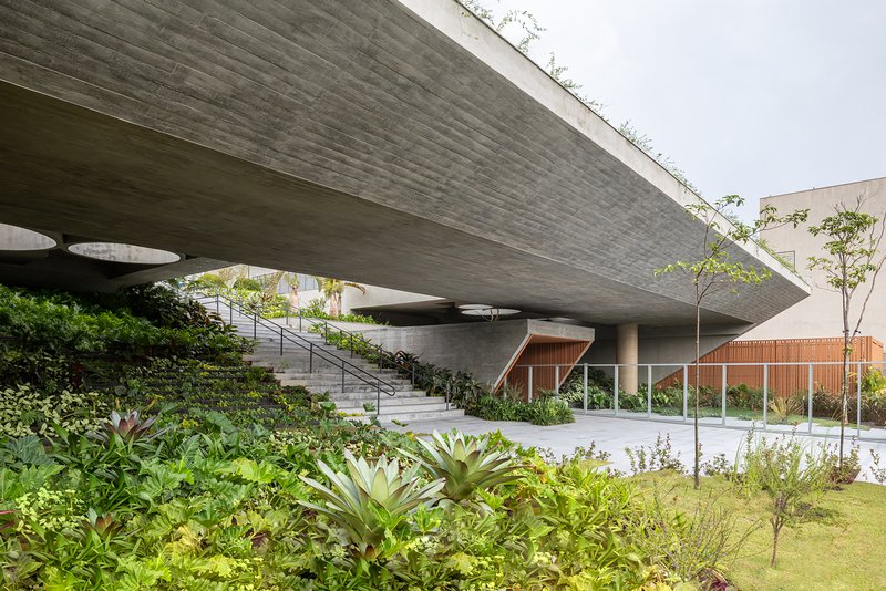 Underside of a cantilevered concrete deck with circular openings above landscaped terraces and timber-clad volumes