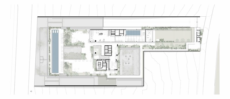 Site plan with linear pool garden and perimeter planted zones along the street edge