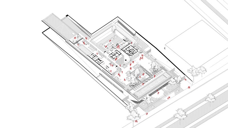 Axonometric drawing showing interior courtyards with figures and trees in sunken planted areas