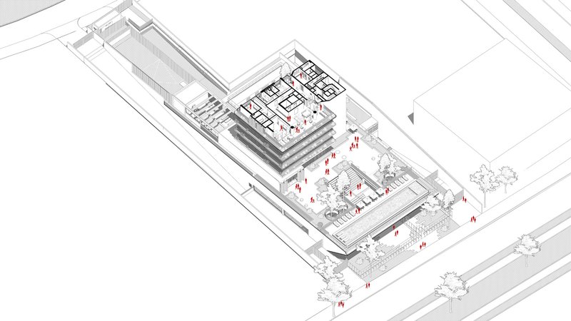 Axonometric view revealing the layered floors above a podium with garden courtyards and people below