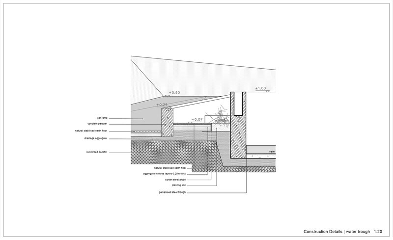 Construction detail section drawing showing water trough assembly with concrete parapet and drainage aggregate layers