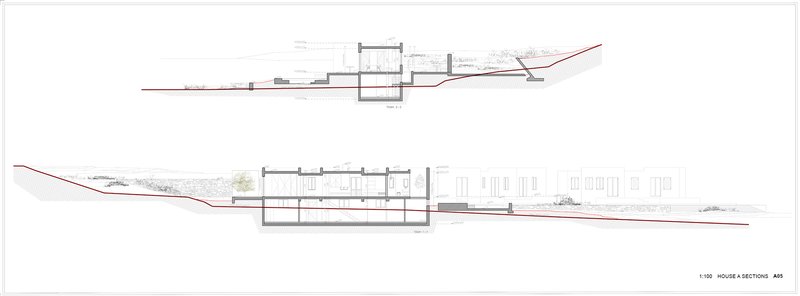 Section drawing showing two levels of the structure set into the sloping grade