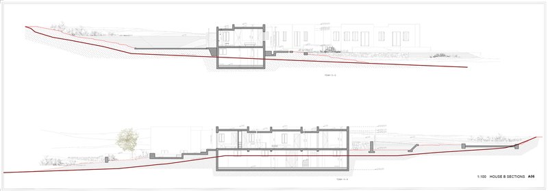 Section drawing showing the building embedded in the hillside with trees in the landscape