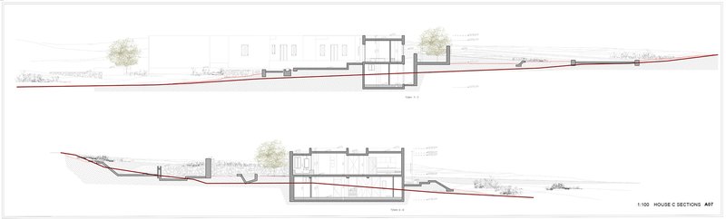 Section drawing showing the relationship between interior floors and the descending terrain outside