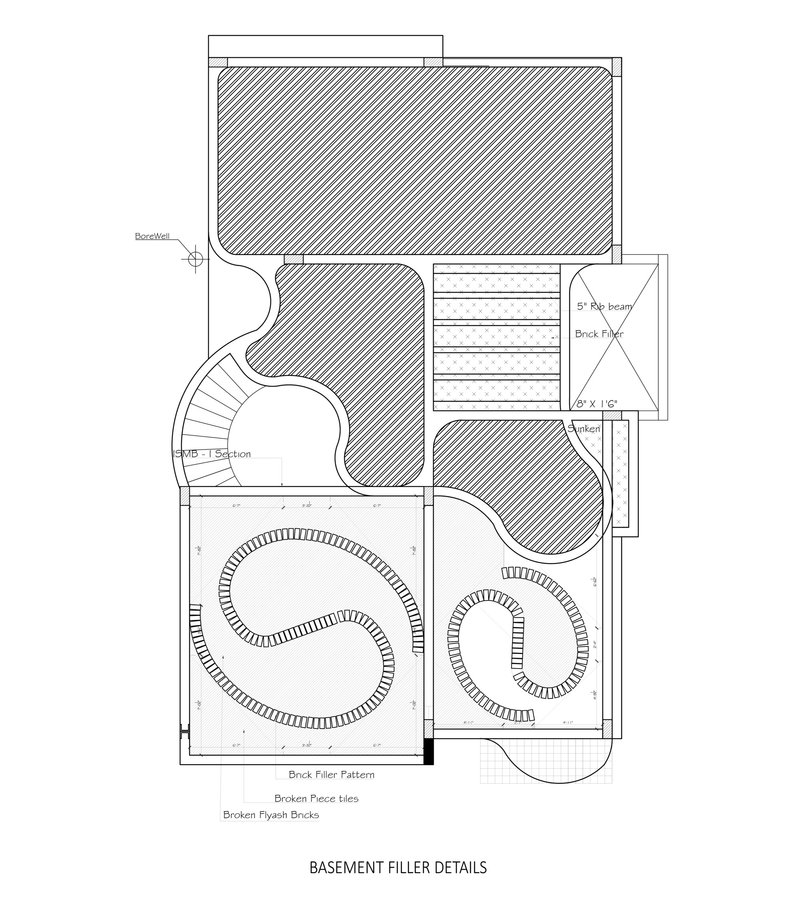 Plan detail drawing showing curved brick filler patterns and stair configuration at basement level