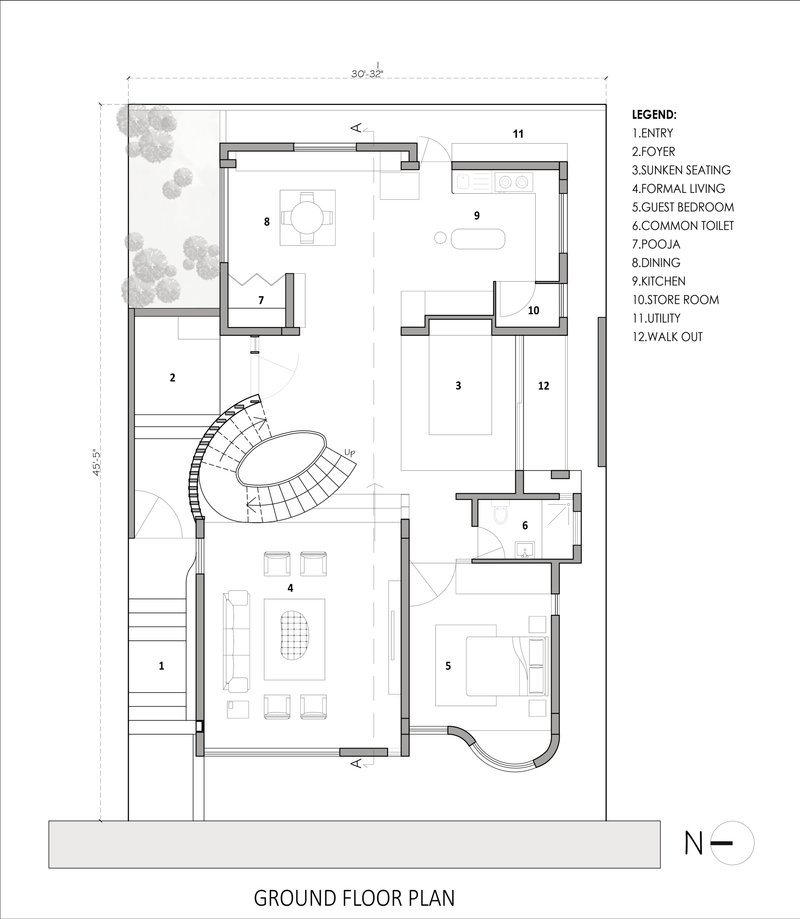 Ground floor plan drawing showing a curved central staircase connecting living spaces and bedrooms