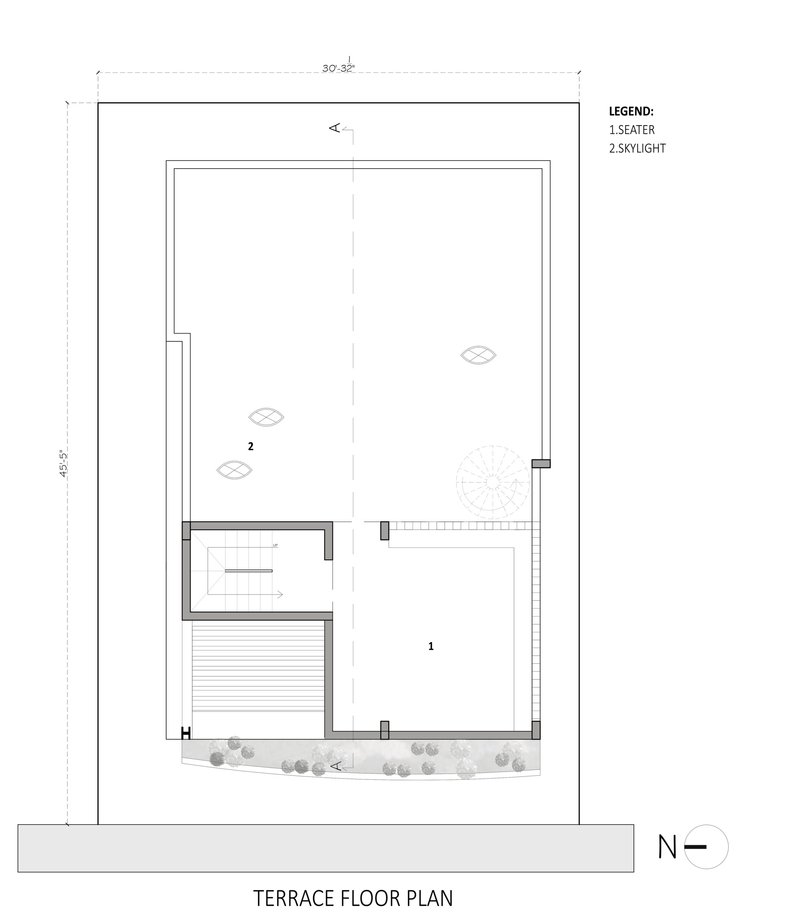 Terrace floor plan drawing showing an open seating area with skylights and terrace deck
