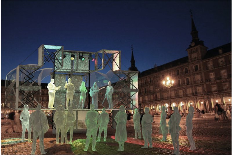 Nighttime activation turns The Interfusion into an illuminated urban landmark for public art and live performances.