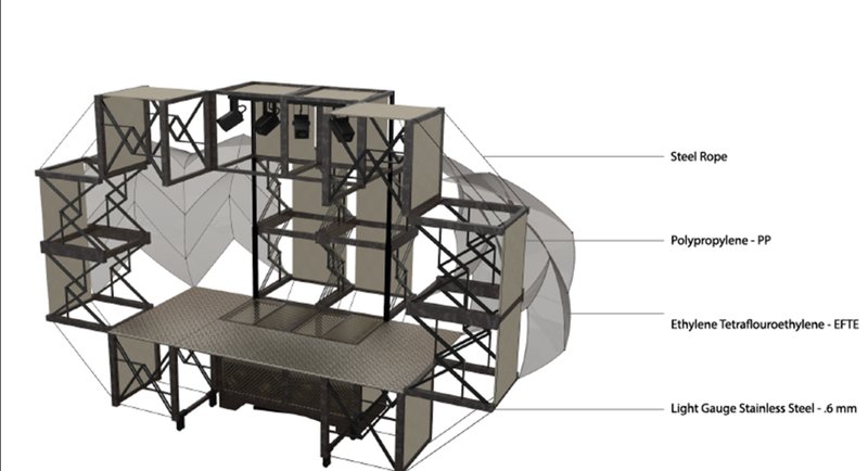 Lightweight materials and modular construction enable The Interfusion to function as a flexible cultural infrastructure system.