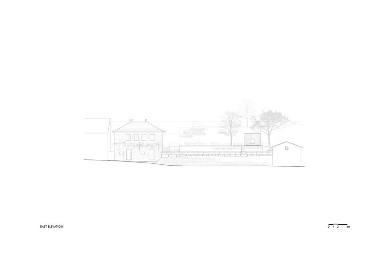 East elevation drawing showing a two-storey house with adjacent volumes and trees in line art