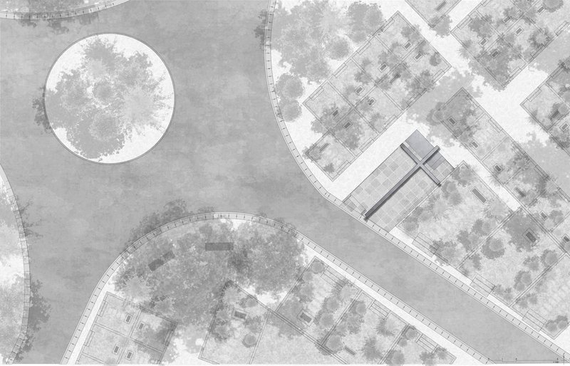 Site plan drawing showing circular and curved planted areas with tree canopies among rectilinear building footprints