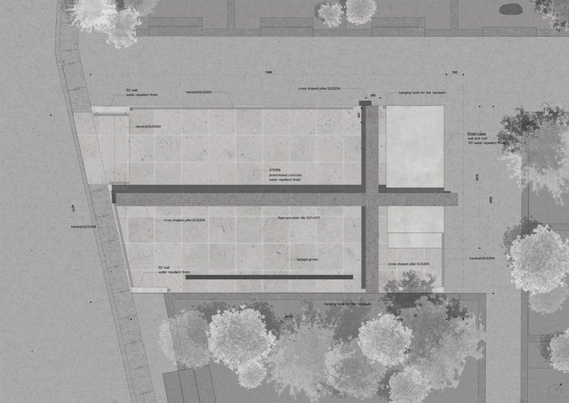 Roof plan drawing with material annotations revealing two rectangular volumes and a courtyard with trees