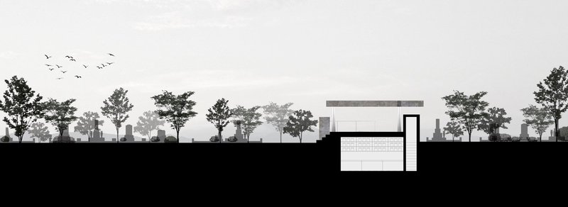 Section drawing showing a partially buried volume beneath a tree line with birds in flight overhead