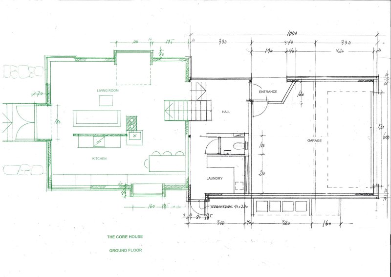Ground floor plan drawing showing living room, kitchen, garage and central stair hall