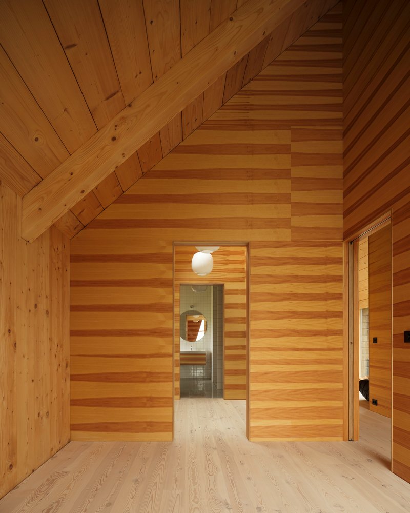 Gabled ceiling space with horizontal timber cladding and illuminated doorway with spherical pendant light