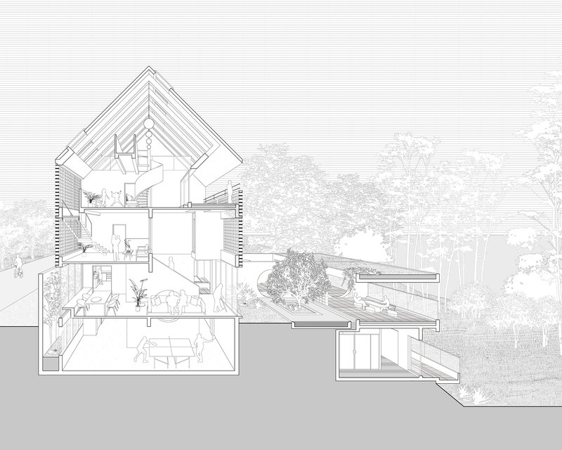 Section drawing revealing a multi-story residence with exposed roof framing and surrounding landscape vegetation