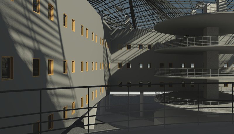 Interior atrium with layered circulation and filtered daylight