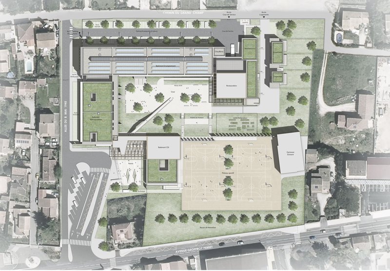 Site plan drawing showing the building footprint with courtyards, green spaces and surrounding aerial photograph context