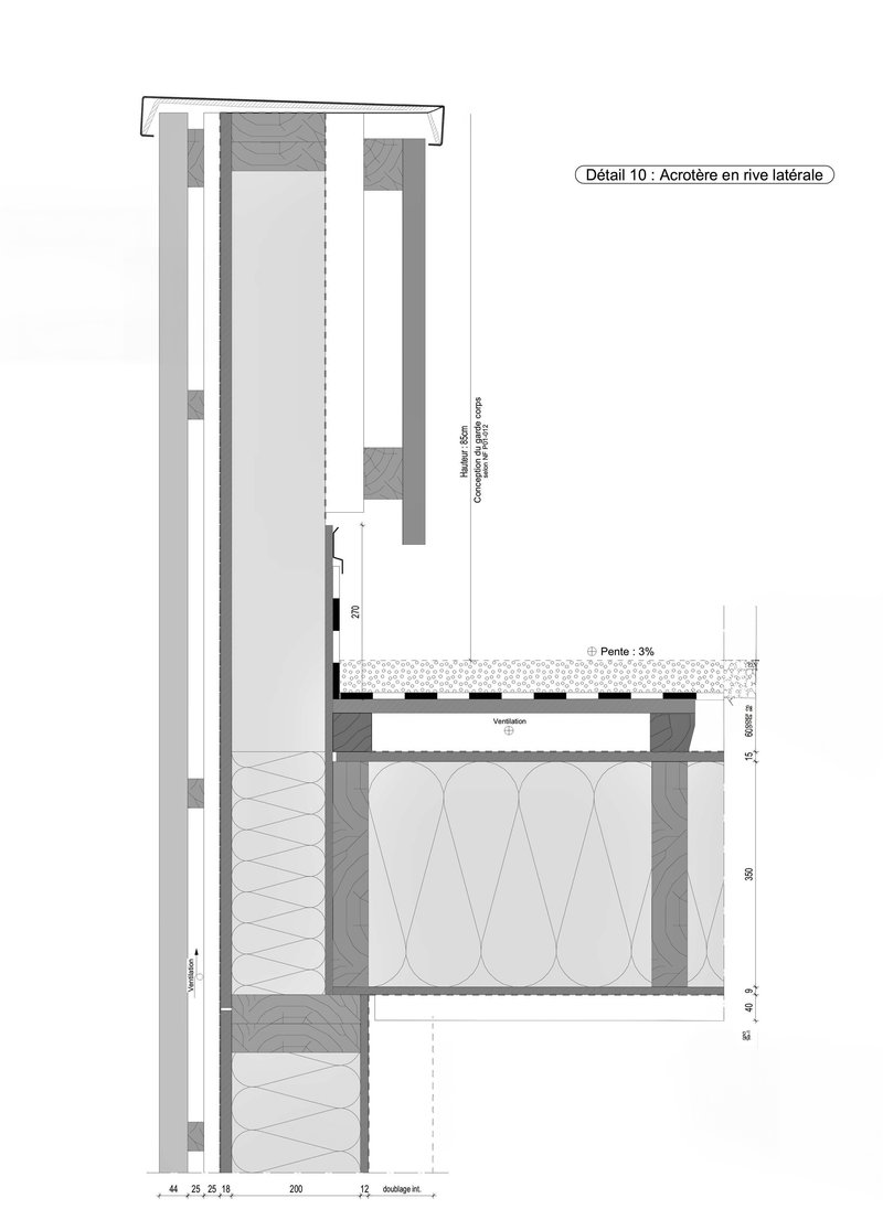 Section drawing showing the connection between the exterior wall assembly, insulation, and interior floor slab