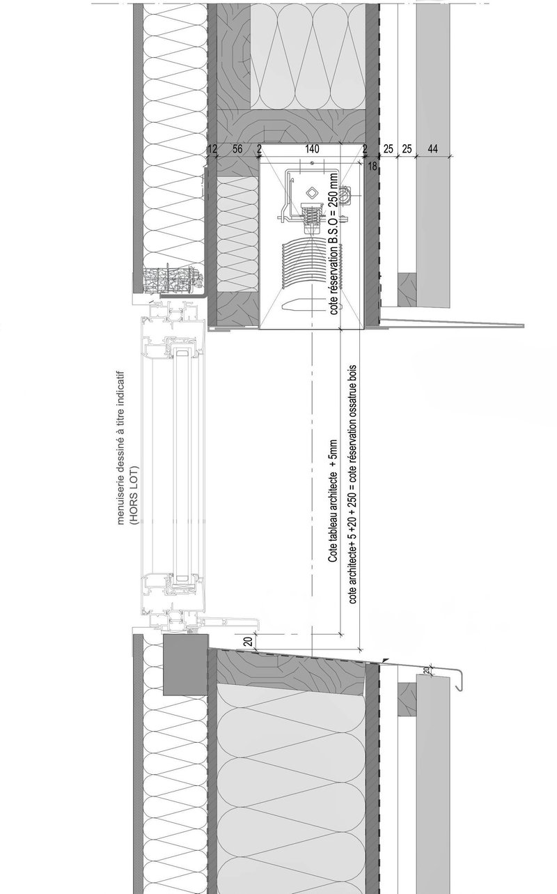Section drawing detailing the window system and its integration with the insulated wall and ceiling assembly