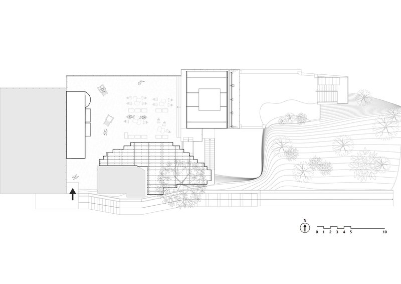 Site plan drawing showing stepped platform with trees and contoured topography
