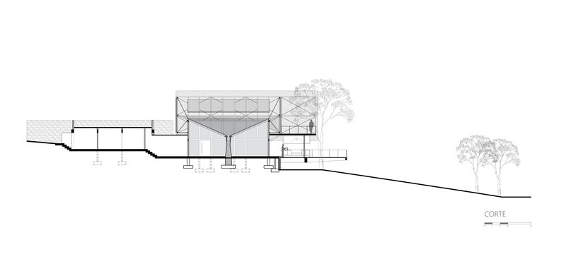Section drawing showing a central elevated volume with glazed enclosure on a sloping site with trees
