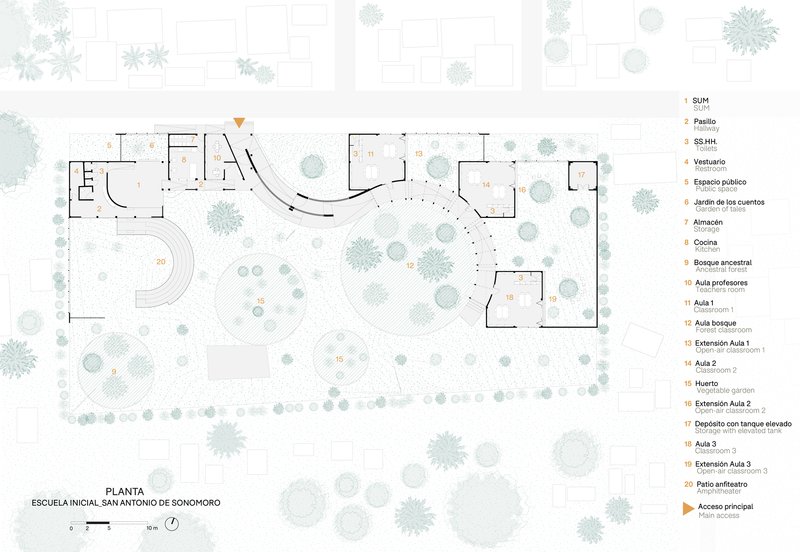Floor plan drawing showing curved circulation paths connecting classroom volumes around a central courtyard with tree symbols
