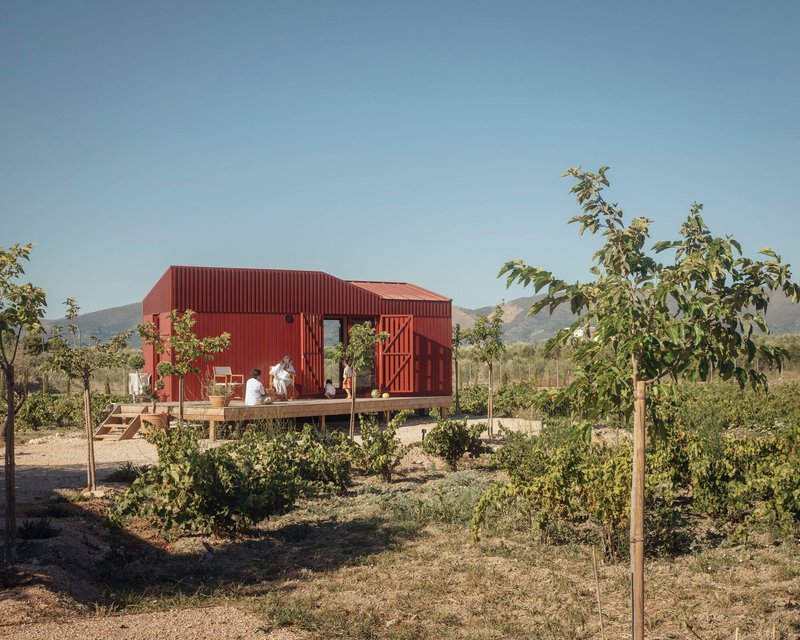 Timber deck with seated figures in front of the red metal structure and young orchard