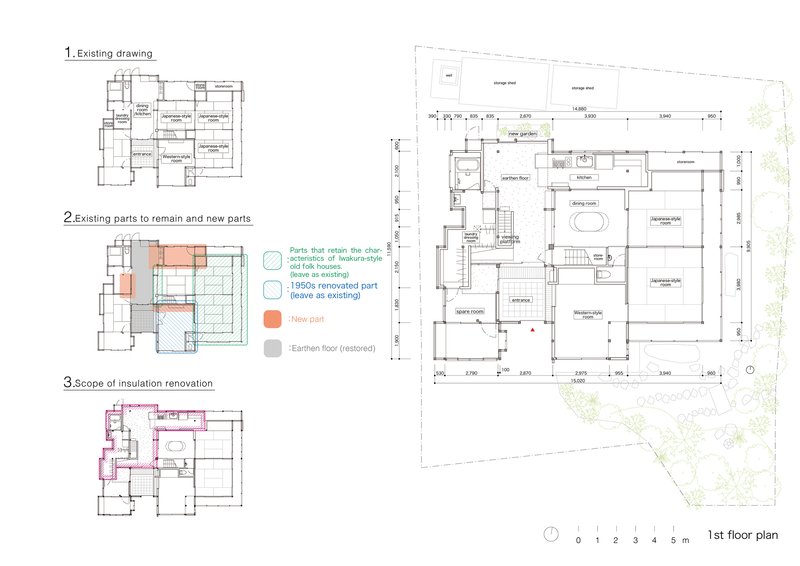 Floor plan drawing showing existing layout with renovation scope and room arrangements annotated in color