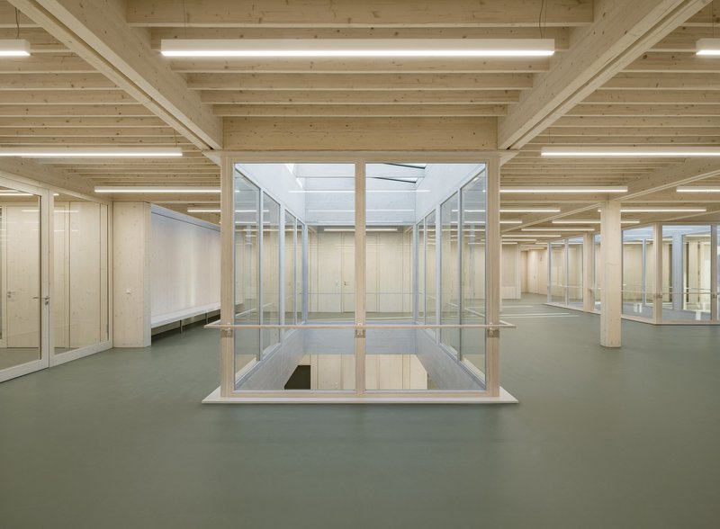 Interior view with exposed timber joists and a central glass-enclosed courtyard opening