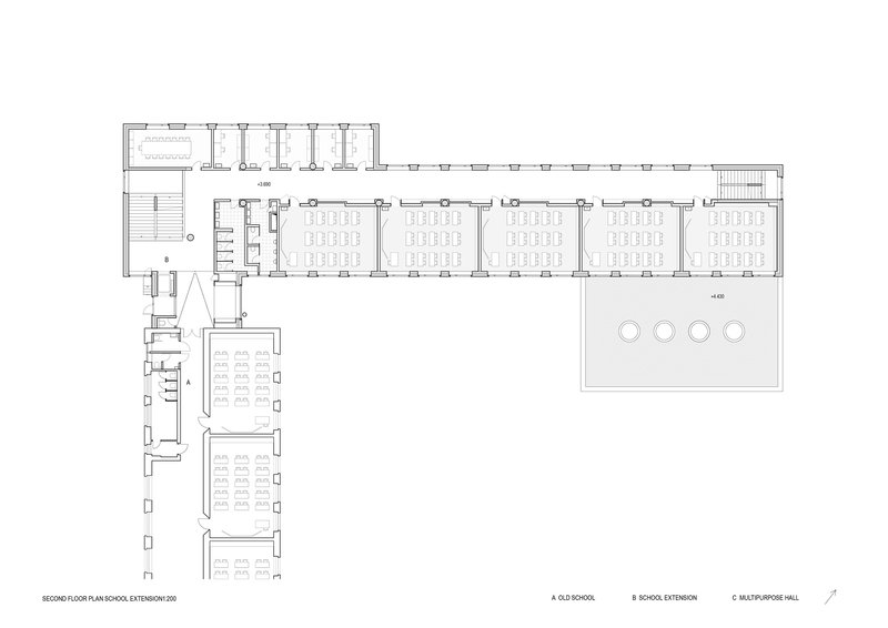 Second floor plan drawing showing a linear wing of five classrooms alongside a roof terrace